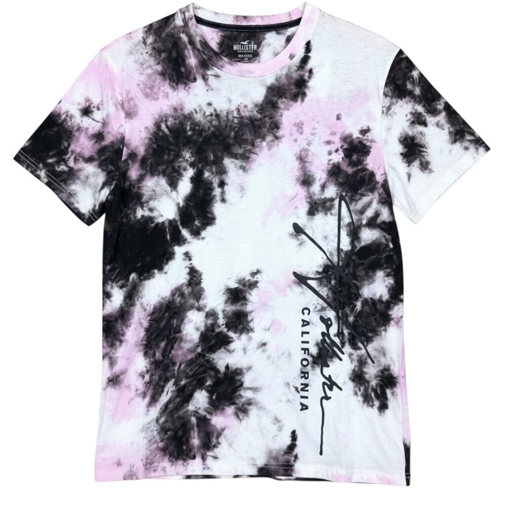 Hollister Mens T-Shirt Large Black White Tie Dye Big Logo Streetwear Grunge NWT